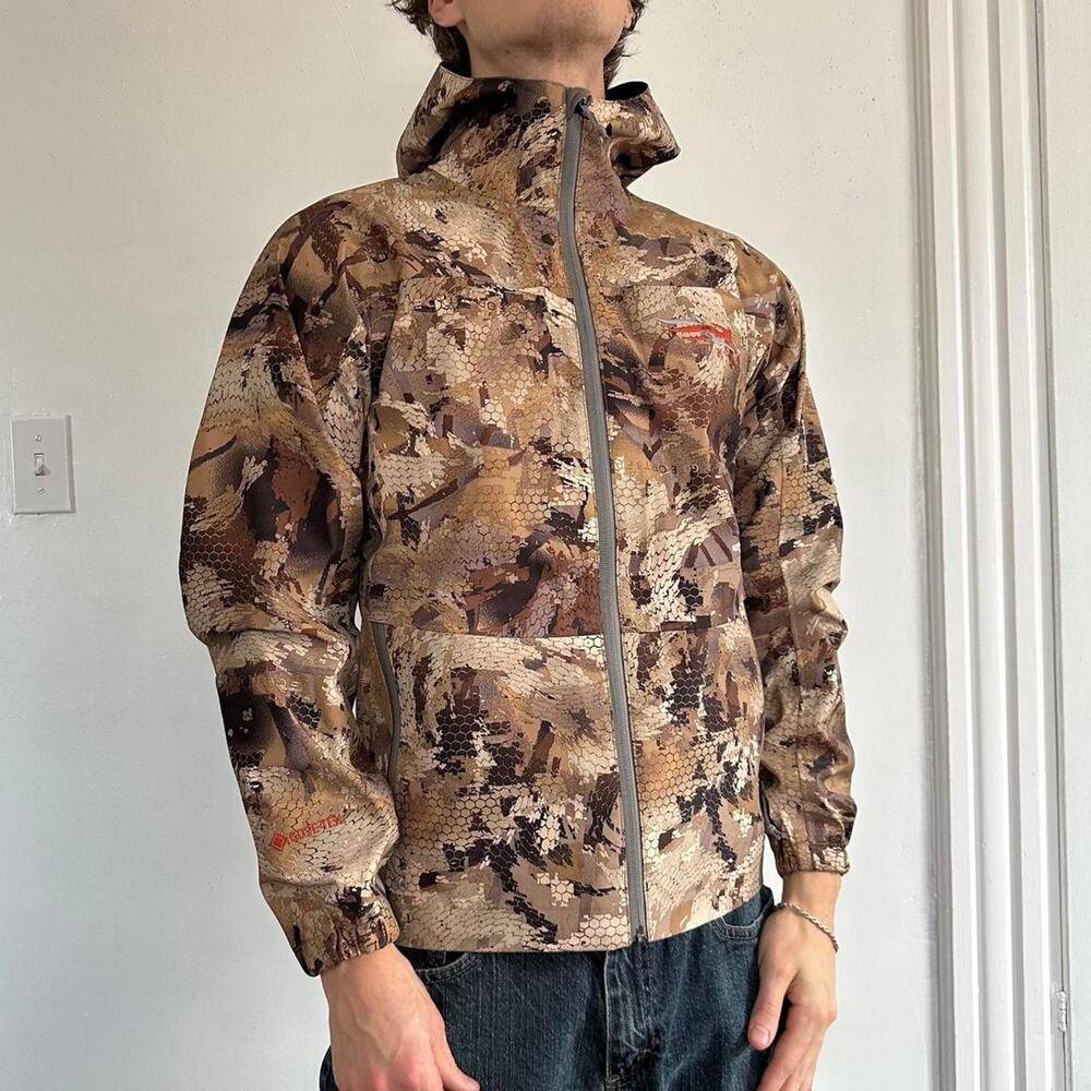 Sitka 2019 Camo Goretex Gorp Fly Fish Hiking Rain Shell Zip Up Hooded Jacket